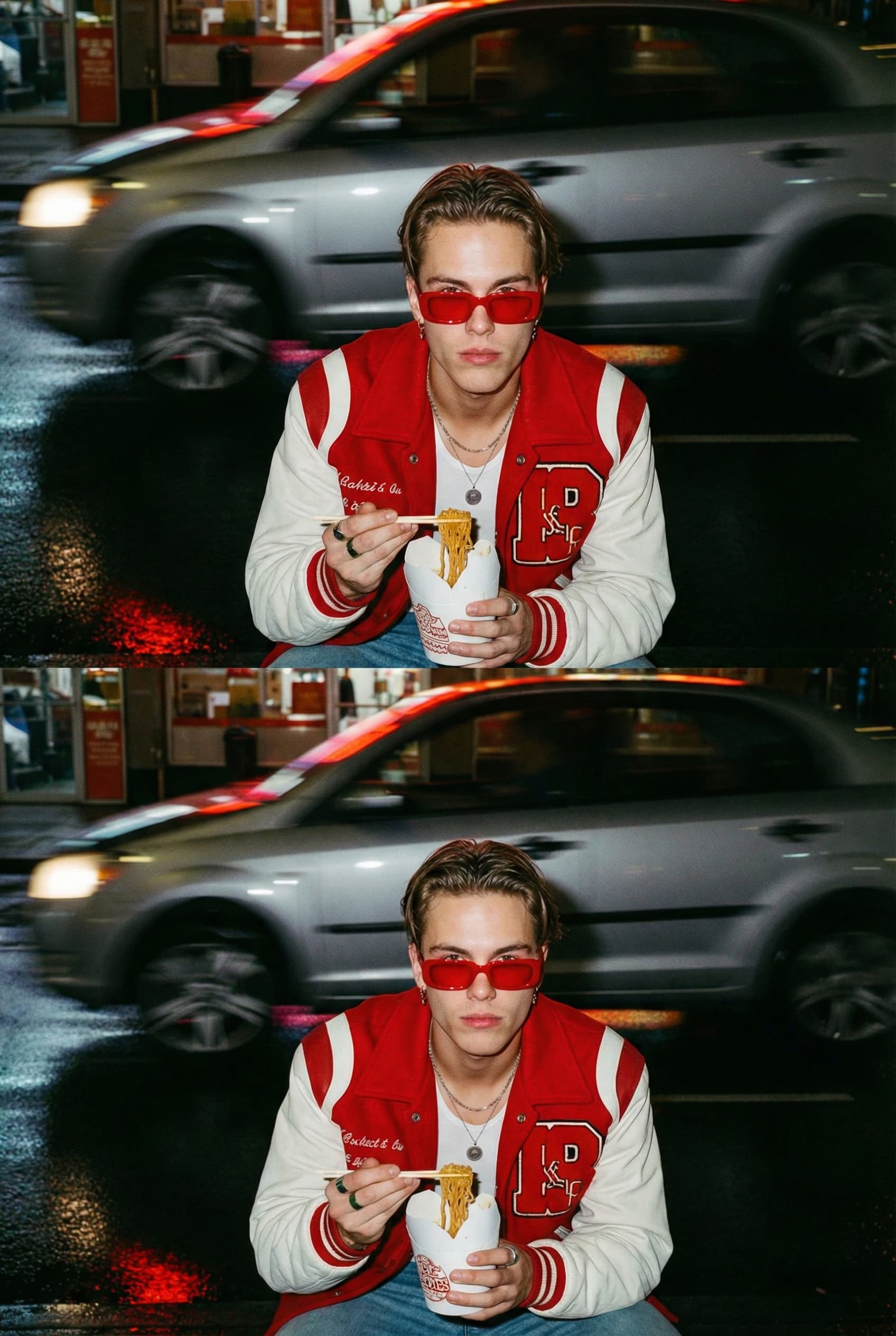 Street fashion portrait of a man in varsity jacket eating noodles with motion blur traffic