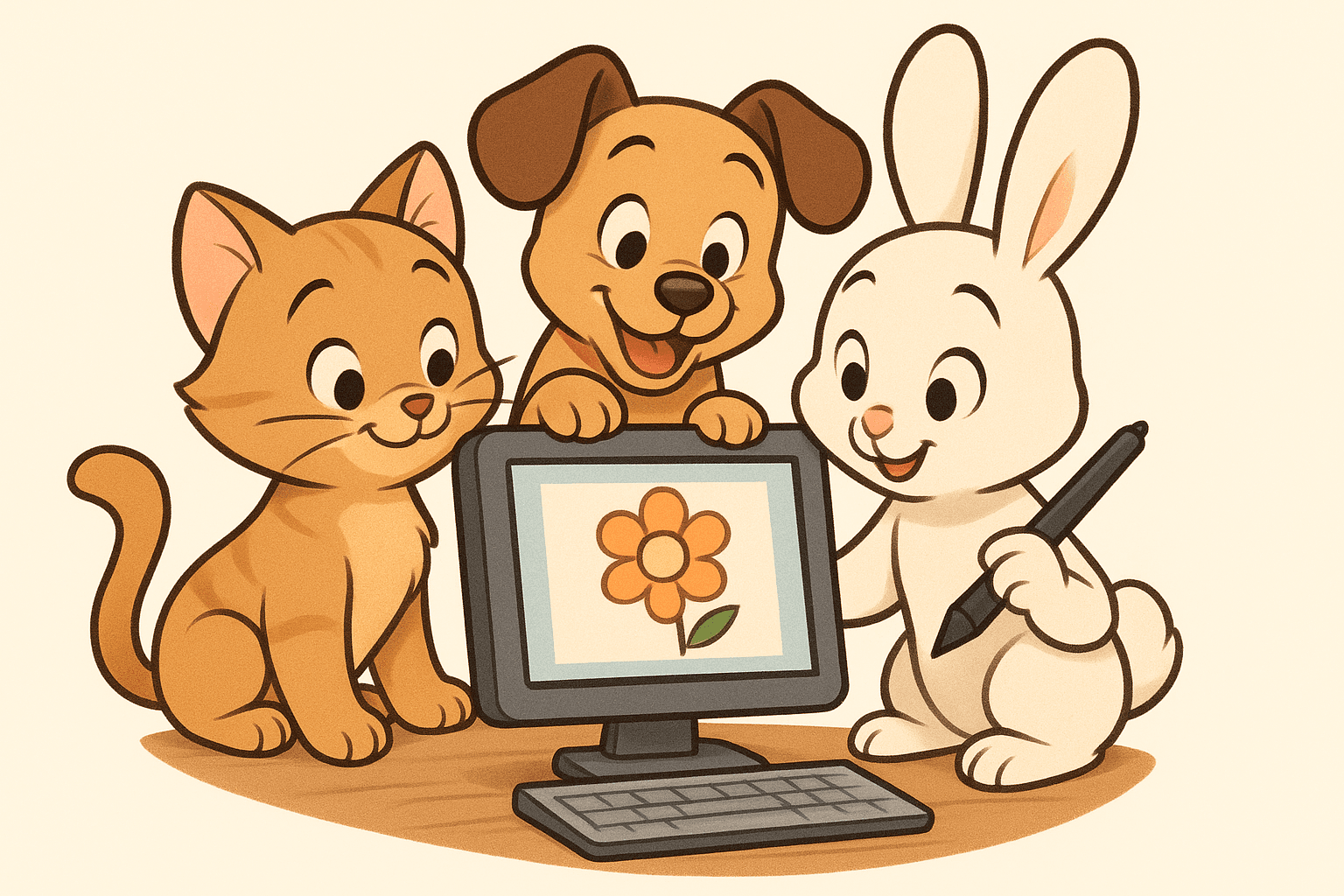 Cute cartoon animals using a computer to draw a flower
