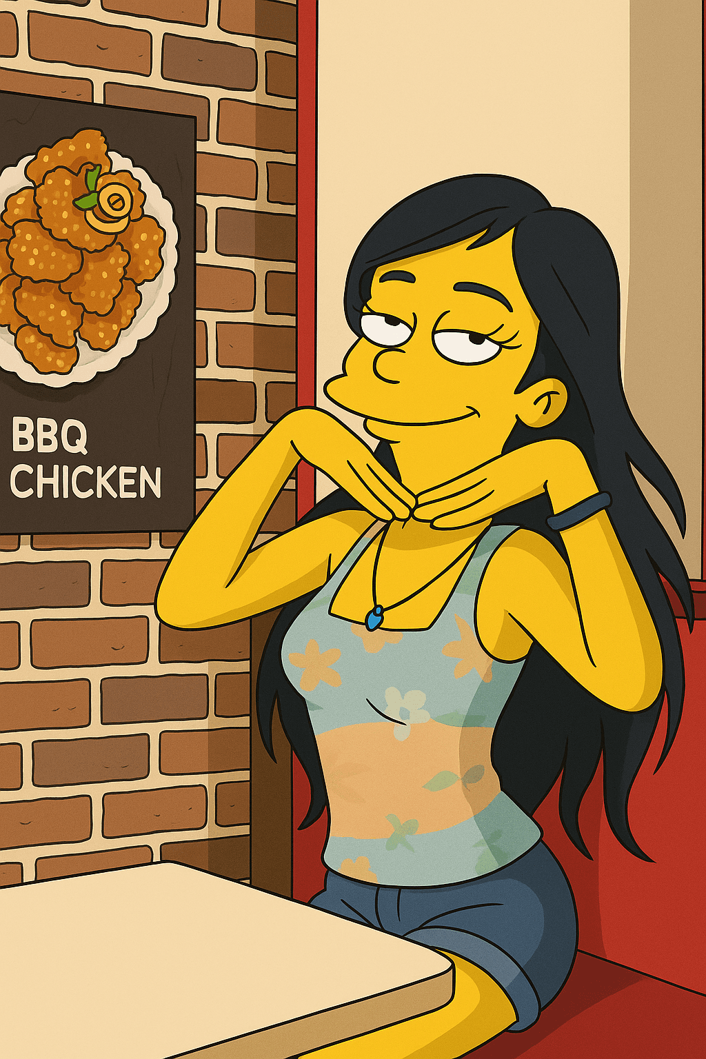 Simpsons-style cartoon character at a BBQ chicken restaurant