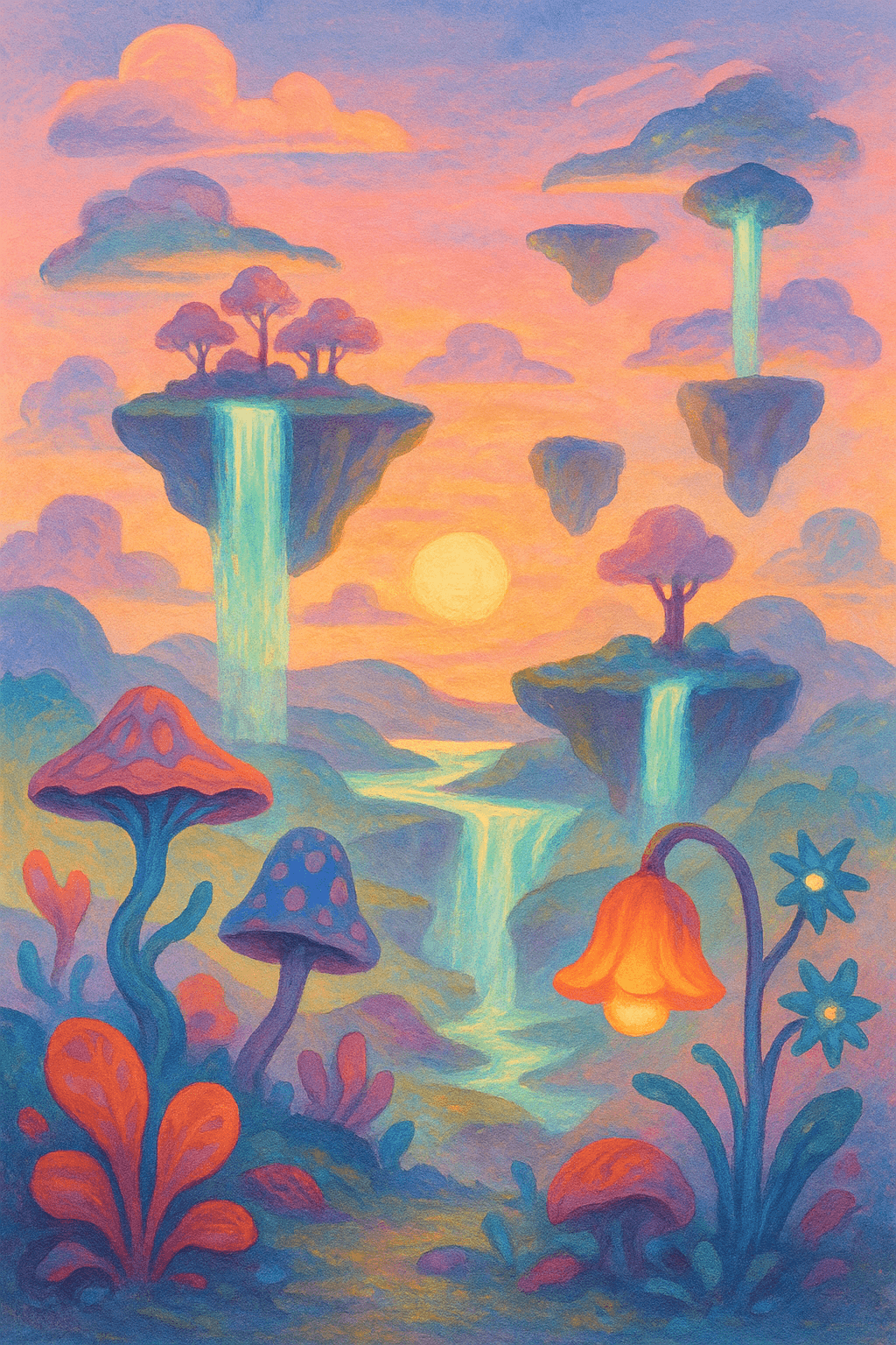 Dreamy floating islands with waterfalls and mushrooms at sunset