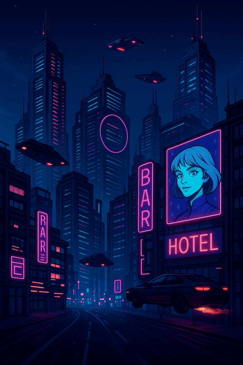 Cyberpunk neon cityscape with neon signs and flying cars at night